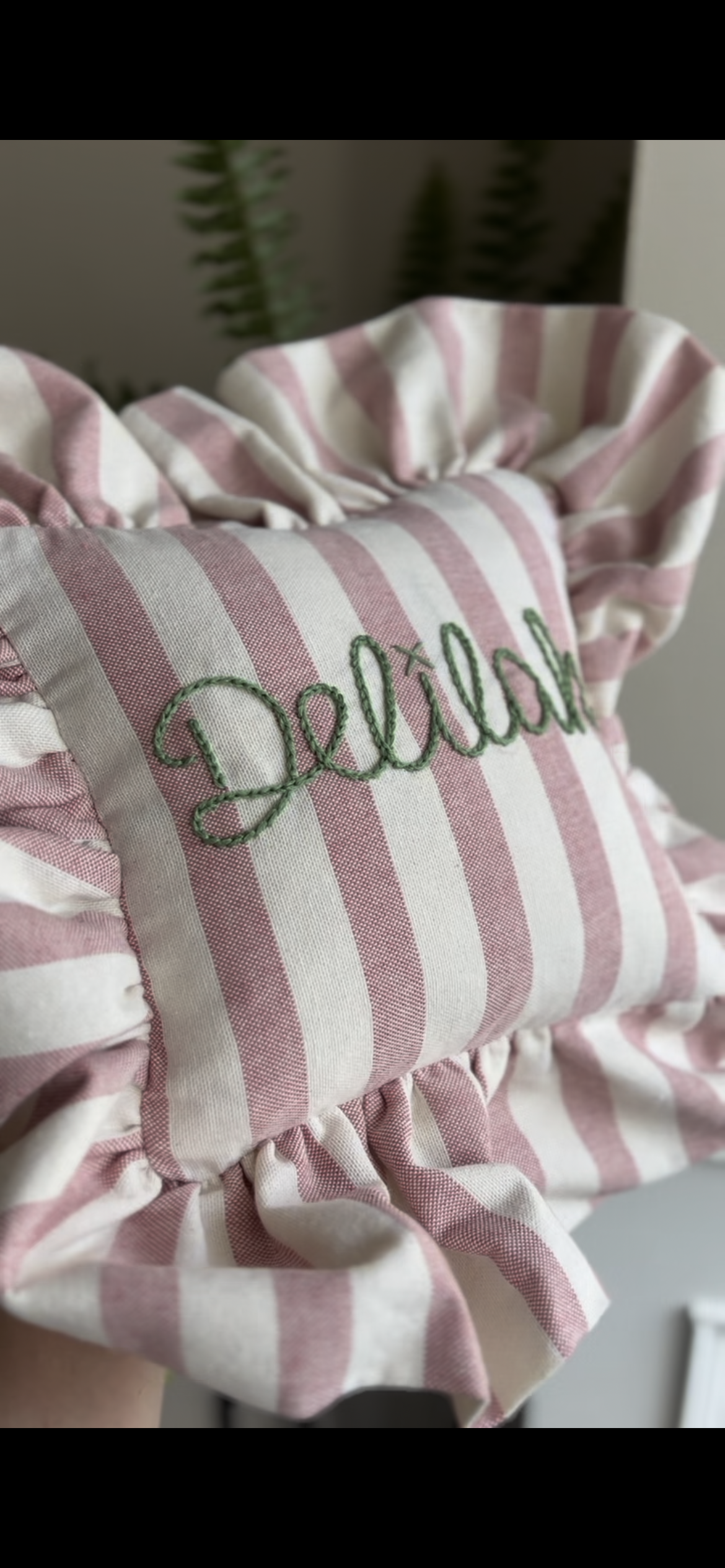 Handmade frilled cushion with name embroidery